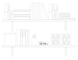 
Graphic illustration of an open bookshelf and some other decorations such as a flower pot on it. Drawn with CAD and in black and white.
