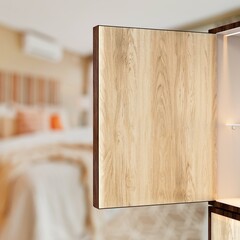 3d cabinet open door in bedroom wardrobe cupboard modern wooden dark color light combination furniture mockup copy space empty area stylish upper part minimalist interior design glass selves render