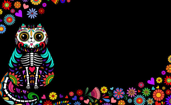 Day of the Dead banner. Dia de los muertos border. Day of the dead and mexican dead cat. Halloween background. Mexican tradition festival. Day of the dead sugar skull cat.