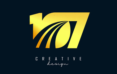 Golden Creative number 107 logo with leading lines and road concept design. Number with geometric design.