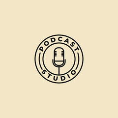 simple mic podcast badge line art logo vector design template