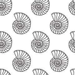 Seamless pattern with the silhouette of an ancient nautilus shell, a fossil. Vector illustration - obrazy, fototapety, plakaty