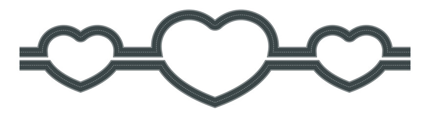 Vector illustration of heart shaped road with white markings isolated on white background. Empty heart shaped asphalt road in top view. Valentine Day template.