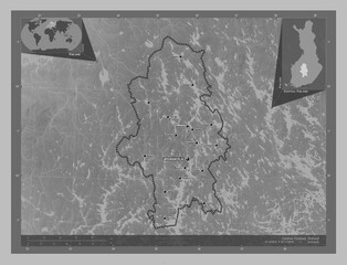 Central Finland, Finland. Grayscale. Labelled points of cities