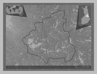 Kainuu, Finland. Grayscale. Labelled points of cities