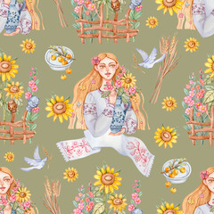 Fototapeta na wymiar Seamless pattern with a Ukrainian woman in a traditional embroidered shirt with a jug with flowers in her hands and other Ukrainian attributes painted in watercolor.