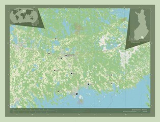 Kymenlaakso, Finland. OSM. Labelled points of cities