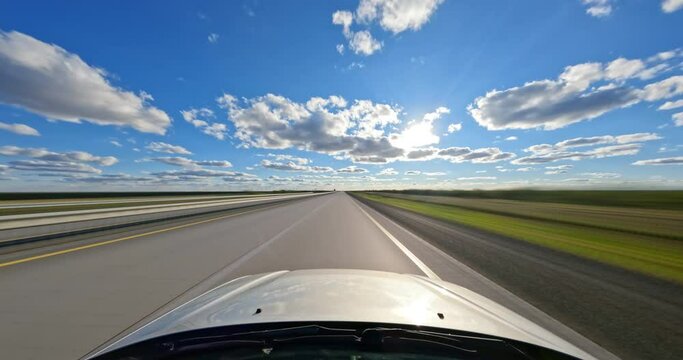Medium-speed POV timelapse on a plain Highway at sunny evening with clouds. 60 fps, H.264, 8bit, Chroma Subsamlping 4:4:4