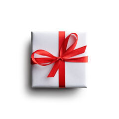White gift box with red ribbon bow isolated on white background. Creative Christmas and Valentines Day postcard design