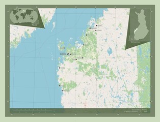 Ostrobothnia, Finland. OSM. Labelled points of cities