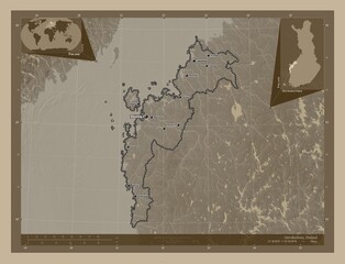 Ostrobothnia, Finland. Sepia. Labelled points of cities