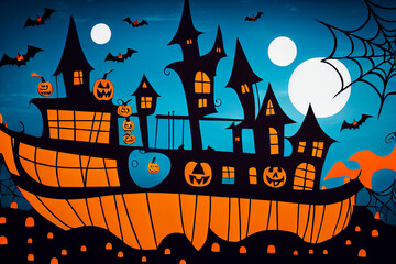 Halloween pirate boat with pumpkins and bat, blue and orange colorful design