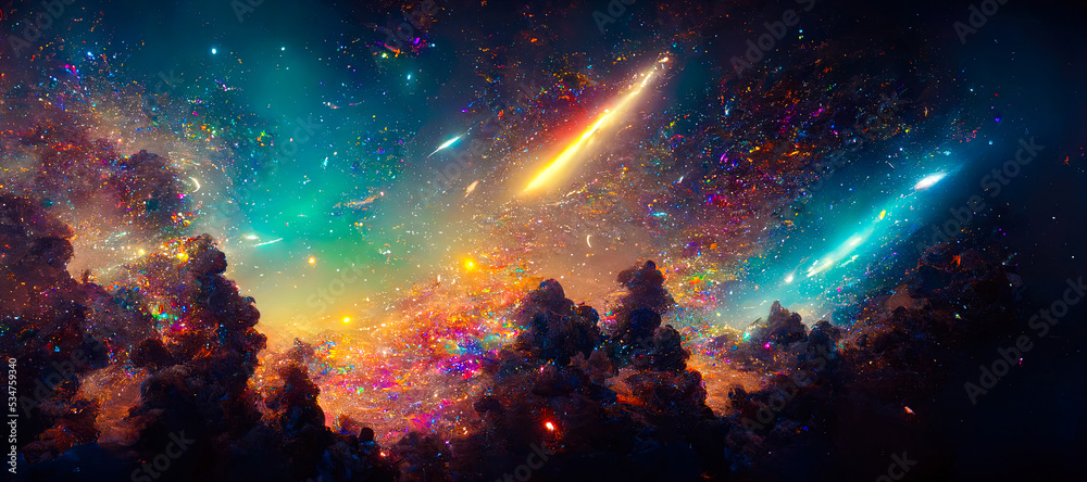 Poster abstract illustration of the cosmos on the theme of the origin of life in the universe with stars, c