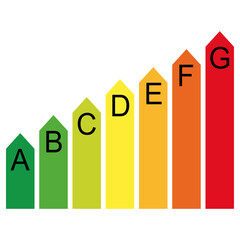 Efficiency energy rating labels, classification, A-G. Flat design element. Isolated png illustration, transparent background. Asset for overlay, montage, collage, presentation. Energy use concept.	