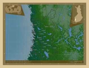 Satakunta, Finland. Physical. Labelled points of cities