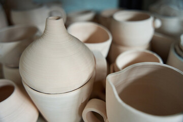 Variety of household unbaked clay products close-up