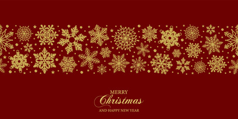 Christmas greeting card with gold snowflakes. seamless border with glitter snowflakes