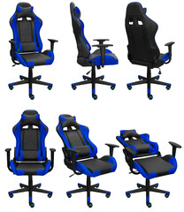 Gaming computer chair with adjustment. Isolated on a white background. View from different sides