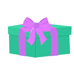 Gift box with a bow on a white background. Green box with purple decoration, parcel. Surprise for a holiday, New Year, Birthday, Christmas. Vector stock image, isolated.