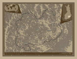 Southern Savonia, Finland. Sepia. Labelled points of cities