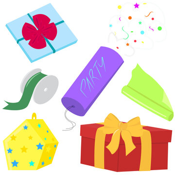 Festive set, gift boxes, fly-flap, wrapping paper, candy box, skein of ribbon. Color vector illustration on a white background. The theme of the holiday, birthday, Christmas, New Year.