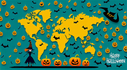Large Halloween world map with witch and pumpkins, with Happy Halloween