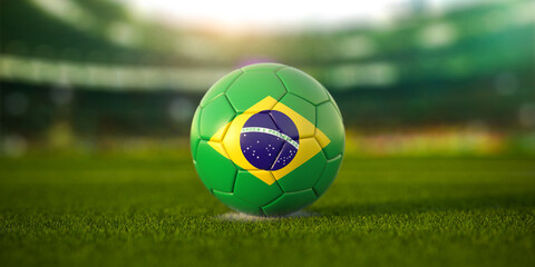 Football ball with flag of Brazil on the field of football stadium and space for name of football clubs. Football championship of Brazil concept.