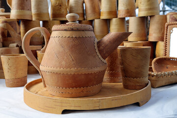 birch bark teapot and cups. eco-ware. handmade goods fair