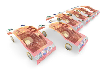10-Euro-Geldscheine gefaltet zu Auto-Karroserien aufgereiht mit einem herausragendem 