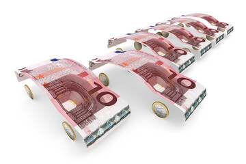10-Euro-Geldscheine gefaltet zu Auto-Karroserien aufgereiht mit einem herausragendem 
