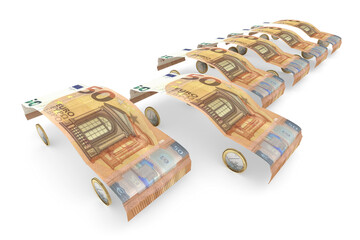 50-Euro-Geldscheine gefaltet zu Auto-Karroserien aufgereiht mit einem herausragendem 