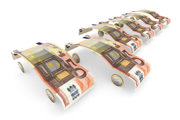 50-Euro-Geldscheine gefaltet zu Auto-Karroserien aufgereiht mit einem herausragendem 