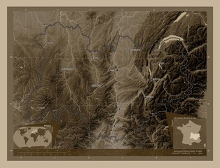 Auvergne-Rhone-Alpes, France. Sepia. Labelled points of cities
