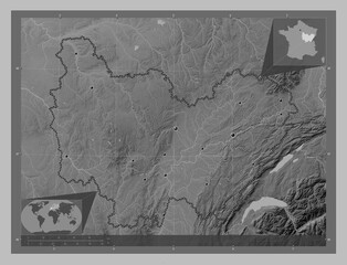 Bourgogne-Franche-Comte, France. Grayscale. Major cities