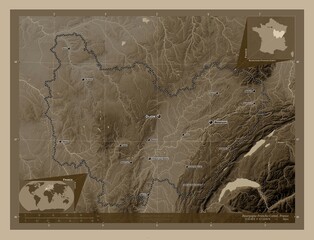 Bourgogne-Franche-Comte, France. Sepia. Labelled points of cities