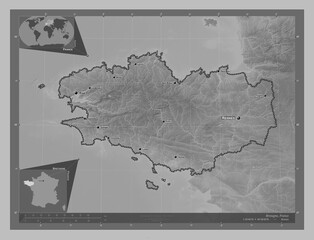 Bretagne, France. Grayscale. Labelled points of cities
