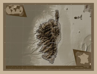Corse, France. Sepia. Labelled points of cities