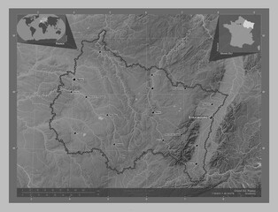 Grand Est, France. Grayscale. Labelled points of cities