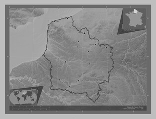 Hauts-de-France, France. Grayscale. Labelled points of cities