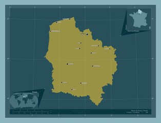 Hauts-de-France, France. Solid. Labelled points of cities