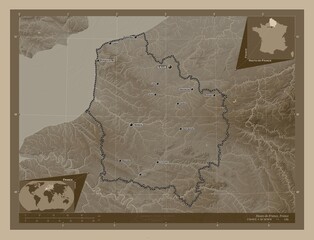 Hauts-de-France, France. Sepia. Labelled points of cities