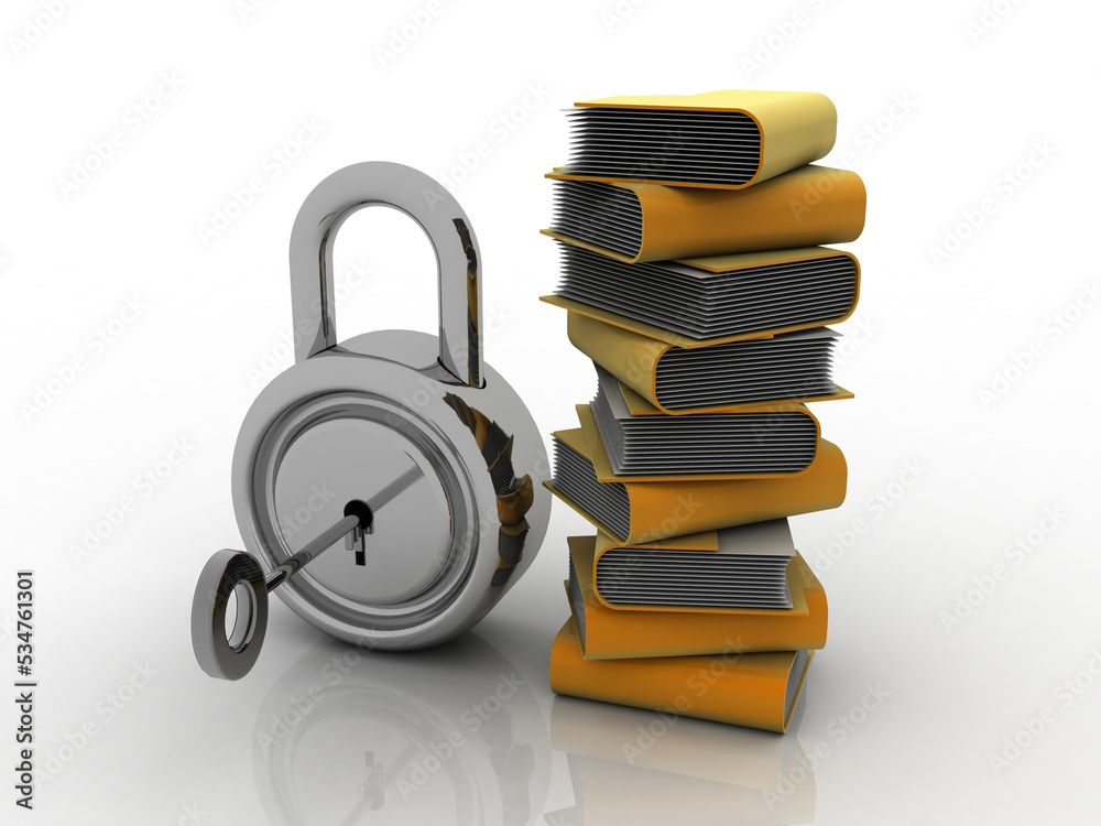 Poster 3d rendering yellow folder and lock. data security concept