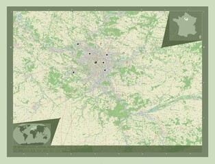 Ile-de-France, France. OSM. Major cities