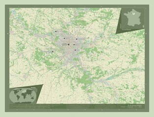 Ile-de-France, France. OSM. Labelled points of cities