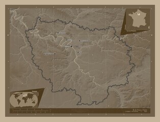 Ile-de-France, France. Sepia. Labelled points of cities
