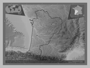 Nouvelle-Aquitaine, France. Grayscale. Labelled points of cities