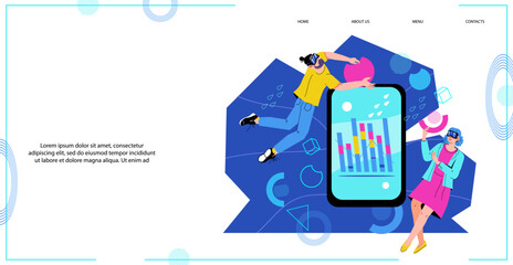 Metaverse or virtual reality technology, cyber space and metaverse reality app for business, gaming and education concept, flat vector illustration. Website banner or landing page mockup.