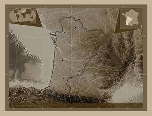 Nouvelle-Aquitaine, France. Sepia. Major cities