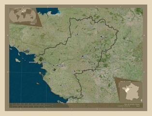 Pays de la Loire, France. High-res satellite. Labelled points of cities