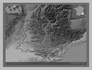 Provence-Alpes-Cote d'Azur, France. Grayscale. Labelled points of cities